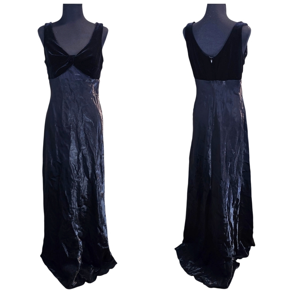 Vintage Y2K Black Velvet Satin Maxi Gown Evening Formal Dress Size 14